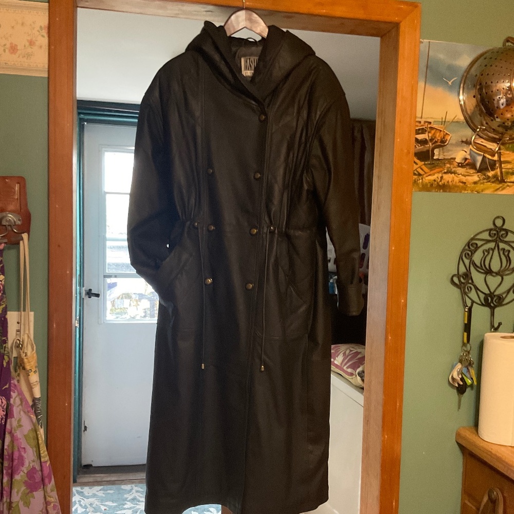Vintage 100% Leather Hooded Trench